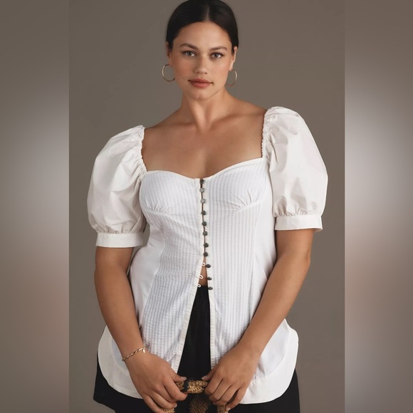 NWT! Anthropologie White Maeve Puff-Sleeve Sweetheart Top Size L 🍓 - Picture 6 of 8
